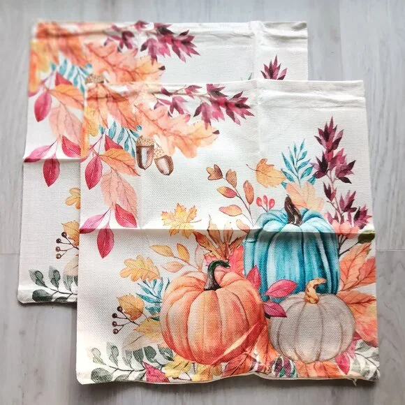 New AACORS Pair of Seasonal Pillow Covers Pumpkins Leaves 15