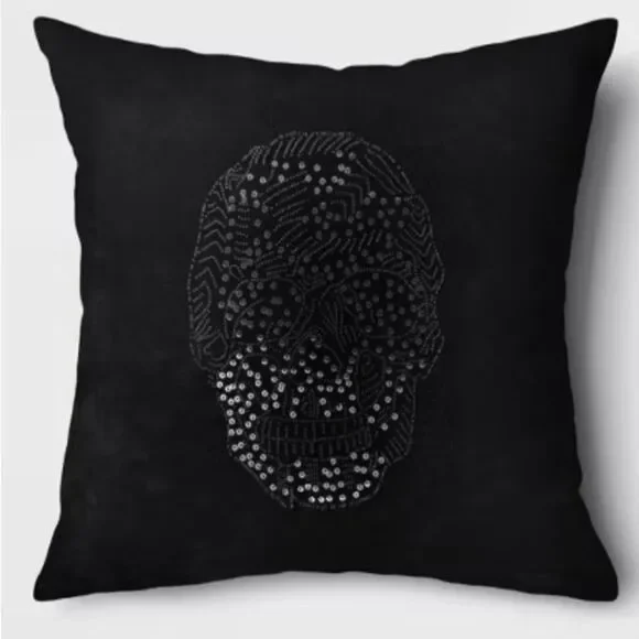 Threshold Black Velvet Decorative Pillow Sequin Beaded Skull Halloween Decor 18”