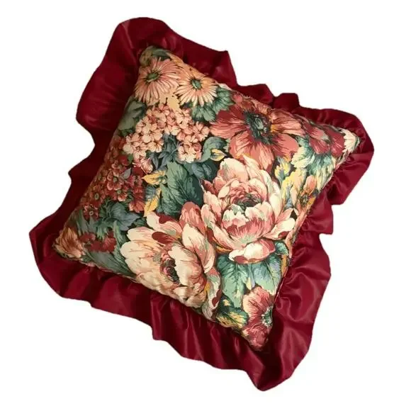 VINTAGE Floral Satin Ruffled Edge Throw Pillow 18” X 18” Maroon Red 3390-20