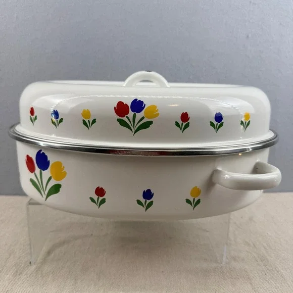 Vintage Floral Enamelware Roaster Pan‎ Tulip Cottagecore Farmhouse White 11