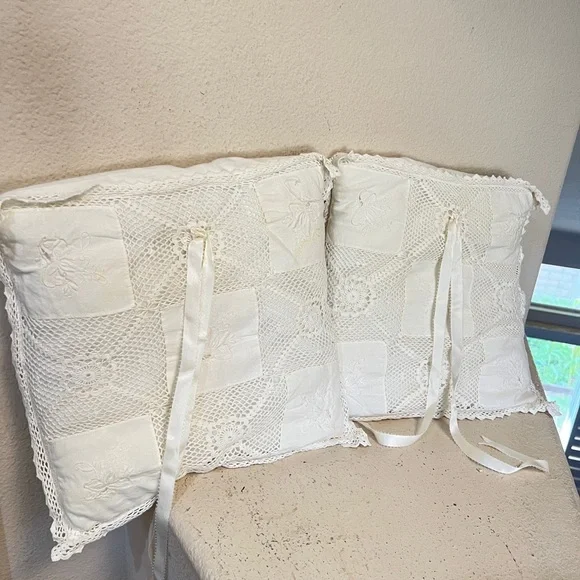 Vintage Handmade Crocheted Embroidered Cream Color Throw Pillows Two Set‎