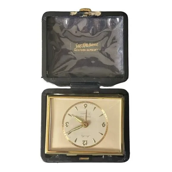 Saks Fifth Marithe Germany Vintage Travel Alarm Watch/Clock Gold Leather Case