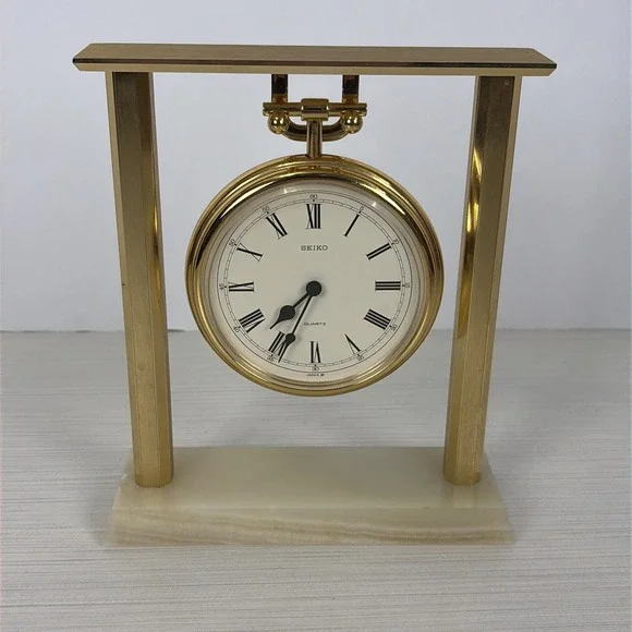 Vintage Seiko QZ 121 G Quartz Desk Clock Brass and Marble Stand Made in Japan
