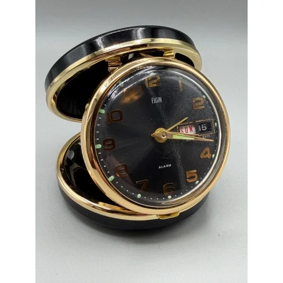 Vintage Elgin Travel Alarm Clock Day Date Japan 75th Anniversary 1903-1978 #1125
