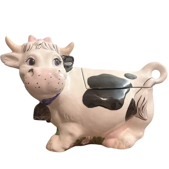 VTG Ceramic Cow‎ Cookie Jar Black White Pink Bow Granny Twin Winton Cottage 16
