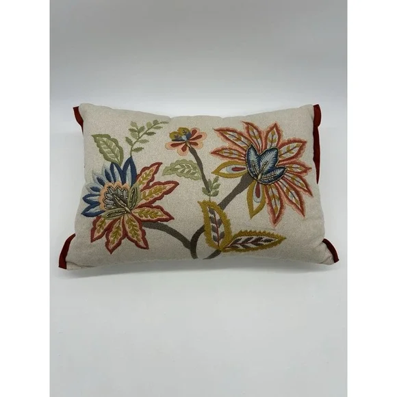 Pier 1 Imports Jacobean Floral Lumbar Pillow Beaded Embroidered Boho Velvet Trim