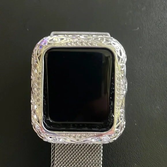 Rhinestone and silver filigree bling bumper for iWatch 38 mm.