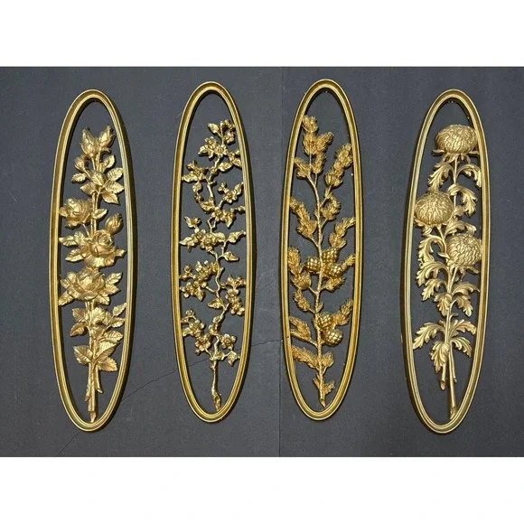 Vintage Burwood Four Seasons Floral Wall Plaques Set 4 Gold MCM 21.5