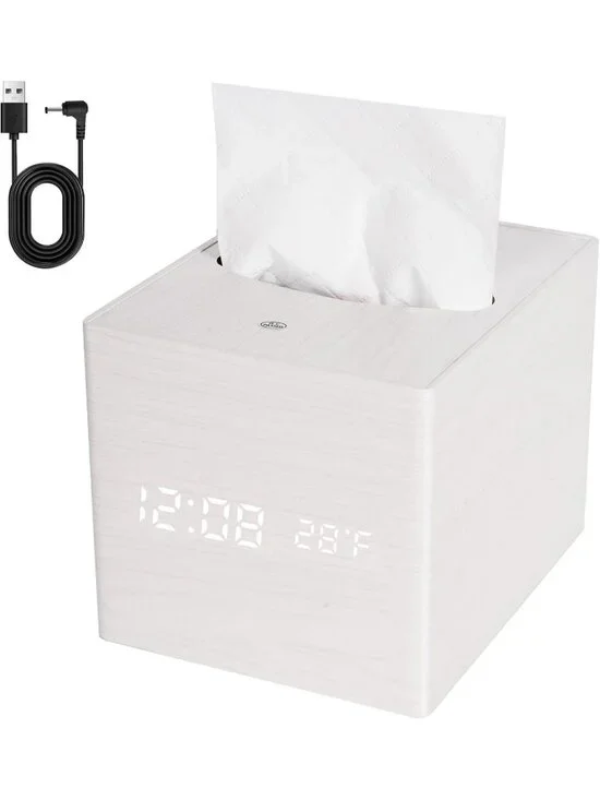 Home White Digital Cordless Alarm Temperature Display Wooden Tissue Box Clock