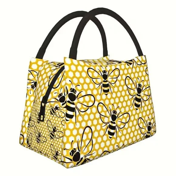 Bee Theme Honeycomb Pattern Insulated Lunch Bag - Reusable Cooler Tote