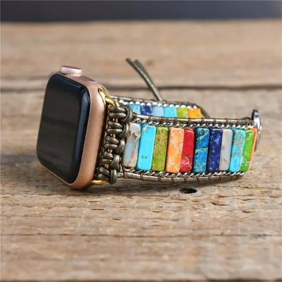 7 Chakra Gemstone Leather Watch Band Strap for Apple Watch 8 7 6 5 / 38 40 41 mm