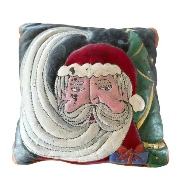 Hand‎ Painted Leather Suede Santa Throw Pillow 12” Christmas