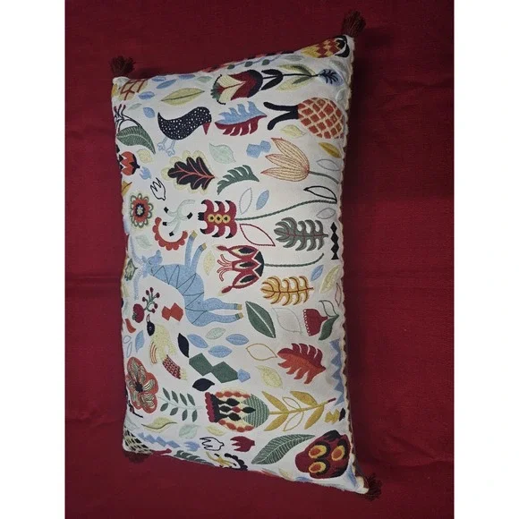 Down Filled Colorful Embroidered Tassel Rectangular Lumbar Throw Pillow 15