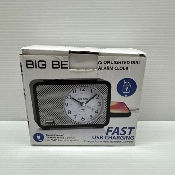 Big Ben Always On Lighted Alarm Clock with fast charging USB.