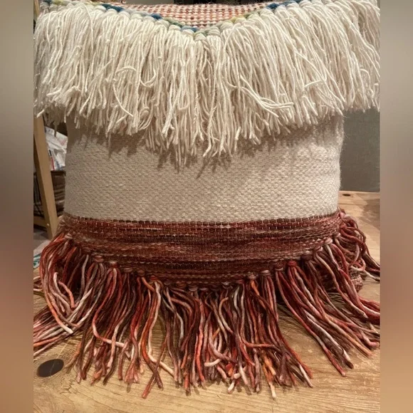 NWT World Market Throw Pillow Fringe Textured Tweed Ivory Multi 18x18