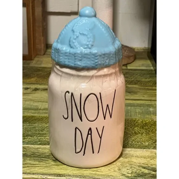 Rae Dunn SNOW DAY w/ BLUE Hat Lid Ceramic Baby Canister Candy Jar Farmhouse Deco