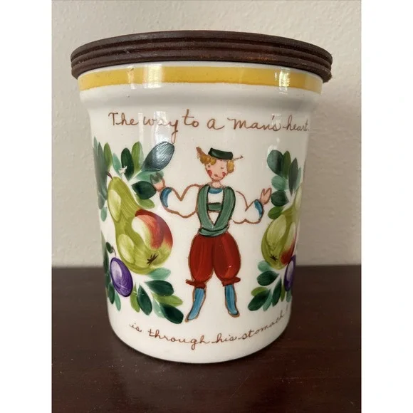 Vtg Bauer Pottery Kitchen‎ Canister Way 2 Mans Heart Thru Stomach Kitsch Motto