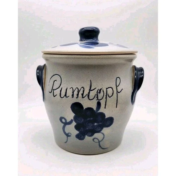Lg Vintage Rumtopf Stoneware Salt Glazed Pottery Jar Crock & Lid 9” Cobalt Blue