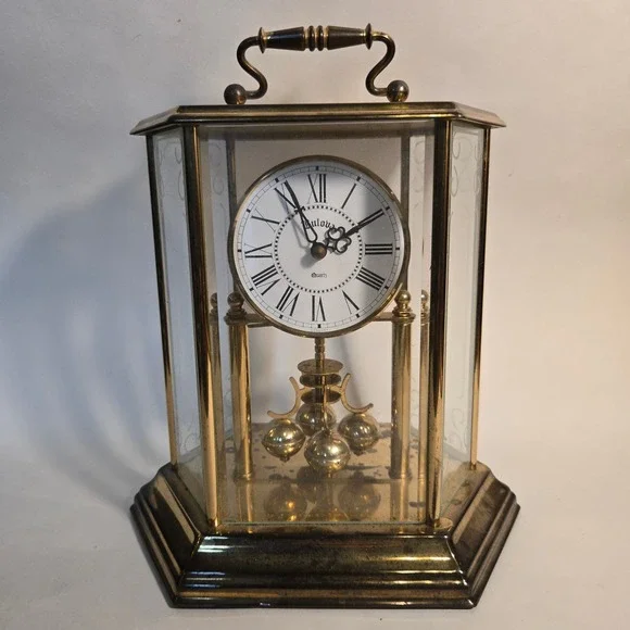 VTG Bulova Anniversary Clock Glass Gold Brass Rotating Pendulum Quartz GERMANY