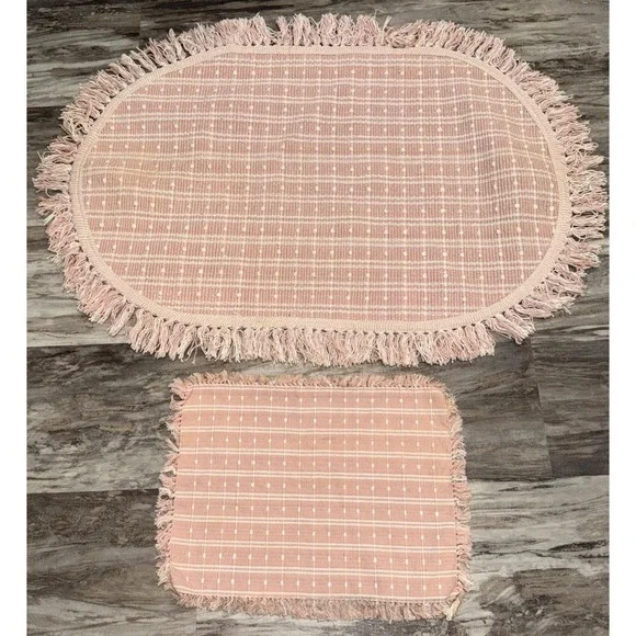 Vintage Woven Pink And White Fringed Cotton Oval Rug And Placemat Cottagecore