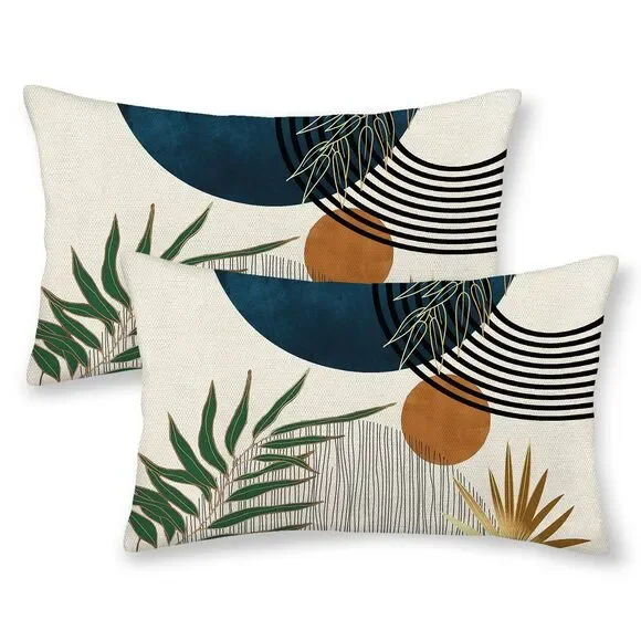 Set of 2,12x20 Inch, Boho Pillow Covers Mid Century Navy Blue Green Gold Sunset