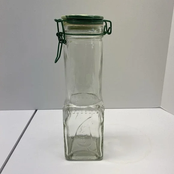 Vintage Glass Square & Round With Wire Bail @Clamp Bottle w/ Green‎ Leaf Cap