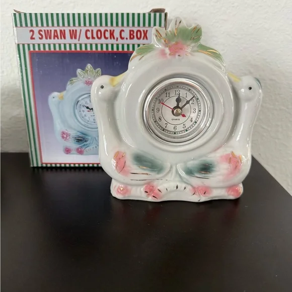 Nwt Elegant Swan Clock with Floral Accents