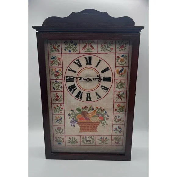 Vintage 1974 Needlecraft Framed Embroidery Clock‎ – Fruit Basket & Floral 17x12