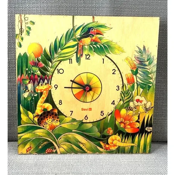 Vintage 1970s Sevi Italy Jungle Wood Wall Clock Antje Vogel Art Toucan Leopard