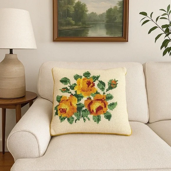 Vintage Needlepoint Pillow – 17”x17”
