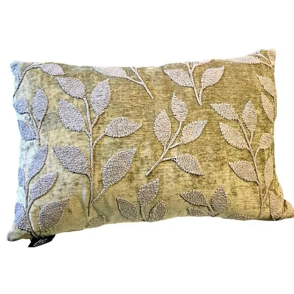 Vintage Velvet Throw Pillow MilliHome Olive Raised Leaf Embroidery 20