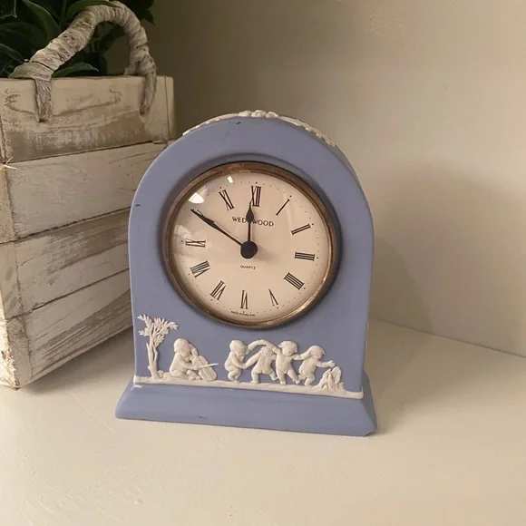 Wedgwood Portland Blue Jasperware Dome Mantel Clock with Cherubs Roman Numerals