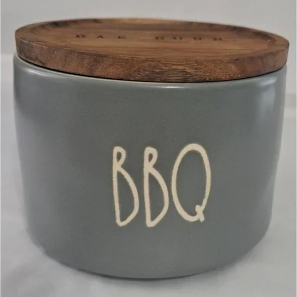 Rae Dunn Light Gray Ceramic BBQ Container Wooden Lid