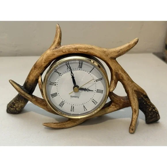 Vintage Deer Antler Clock Mantle Table Desk Resin Clock Battery Operated