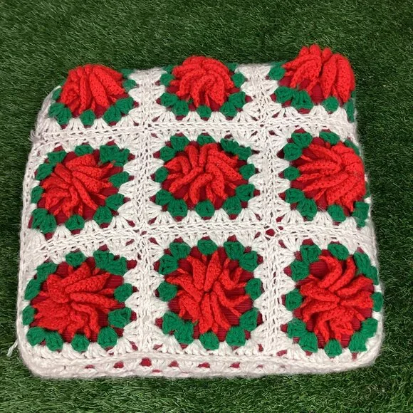 Vintage Crochet Rose Flower Pillow Raised