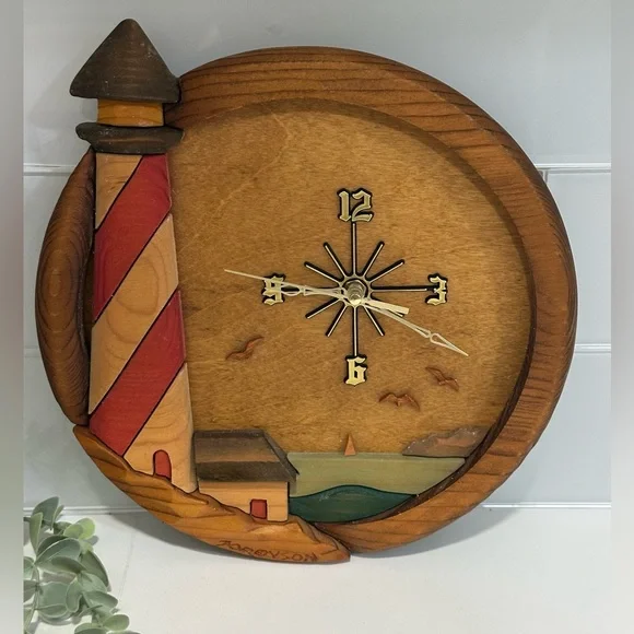 VTG Wood Lighthouse Clock Barbara Denis Sorenson Wall Sculpture Ocean Coastal