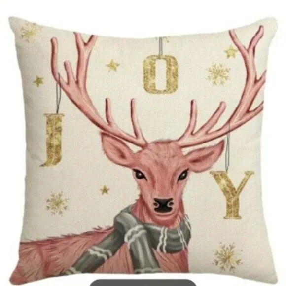 vintage style Christmas Pink Deer, gold Joy cushion Pillow Cover 17.7