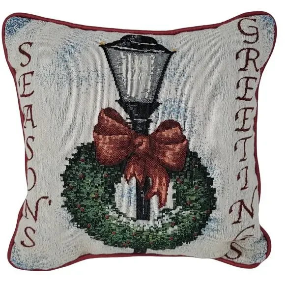 Christmas Needlepoint Tapestry Pillow Lamp Post Wreath Seasons Greetings