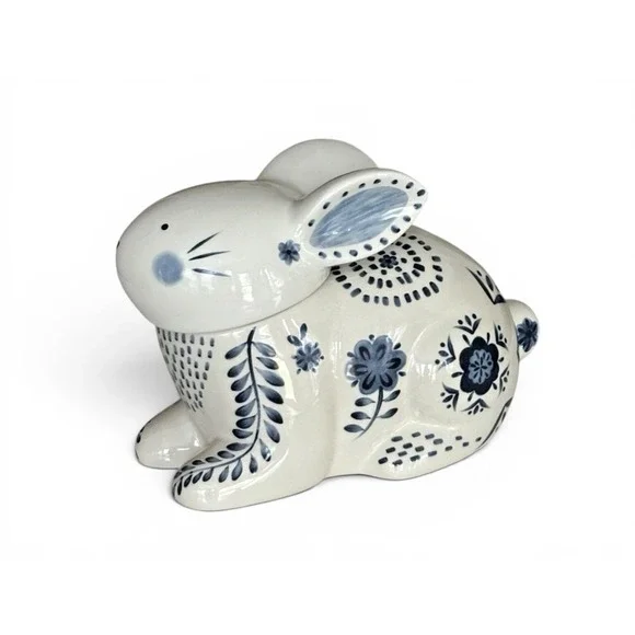 Pier 1 Blue And White Ceramic Hand-Painted Rabbit Cookie Jar Delft-Style