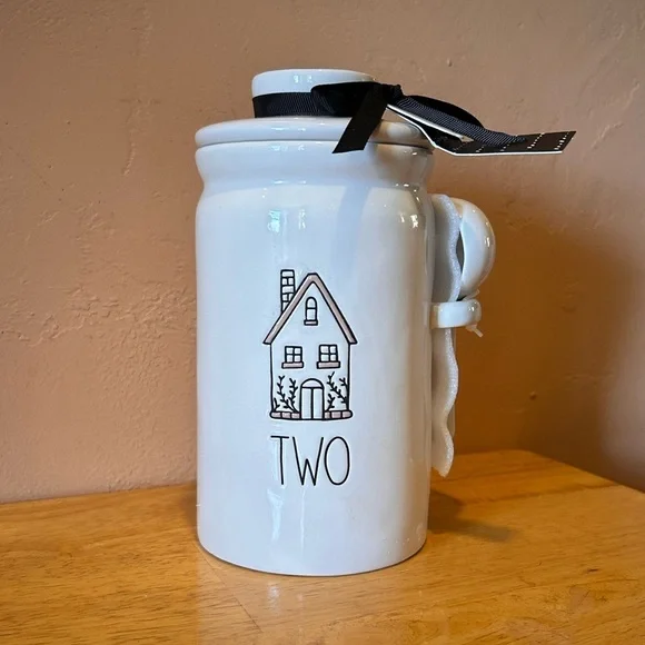 NWTS Rae Dunn “TWO” Gingerbread House Ceramic Kitchen Canister With Spoon.