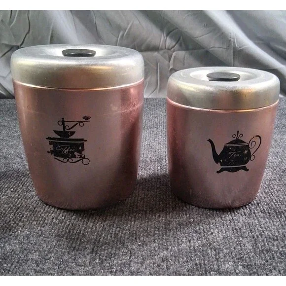 Vintage West Bend Copper Rose Gold Tea Coffee Kitchen Canisters w Silver Lid