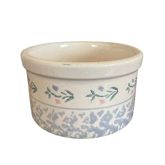 Salt Glaze Decorated Crock flowers 4.5” High Country Primitive storage unmarked