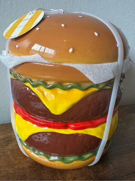 Novelty Ceramic Double Cheeseburger Cookie Jar Yellow, Brown, Red, Green NWT