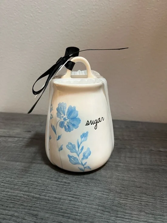 Rae Dunn White Sugar Canister with Blue Floral Motif