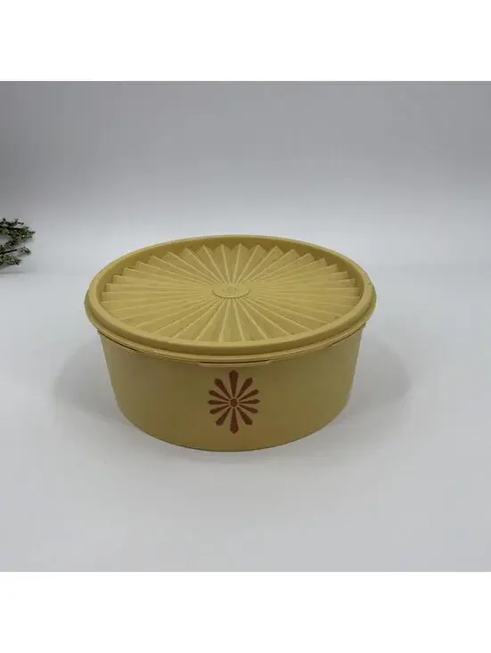 Vintage Tupperware Yellow Starburst Sunburst Round Storage Container W/ Lid