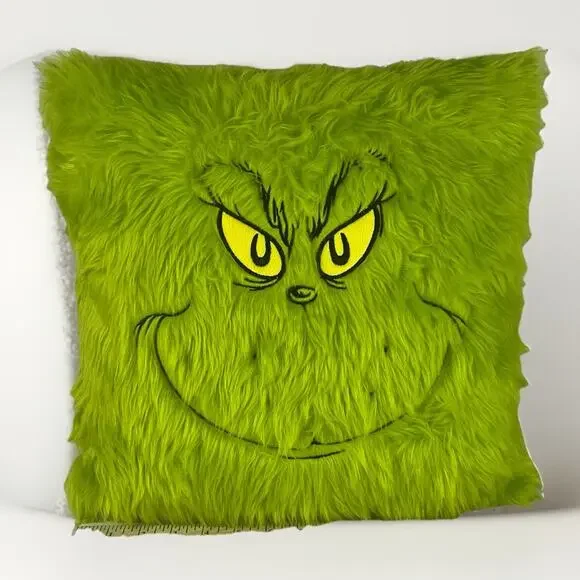 The Grinch Dr. Seuss Throw Pillow Green Faux Fur Face Holiday Christmas Ruz