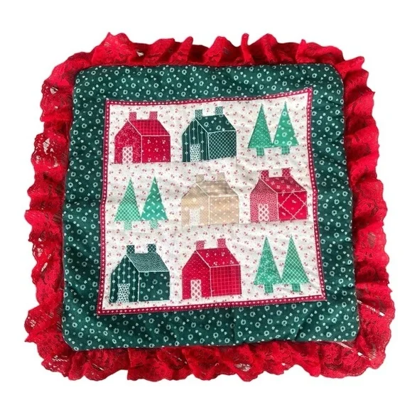 VTG Cranston Fabrics Country Christmas Accent Pillow Cover Lace Handmade 14x14