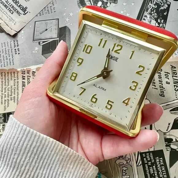 Vintage 1950s Rensie Red Travel Alarm Clock Japan Brass Folding Case Working