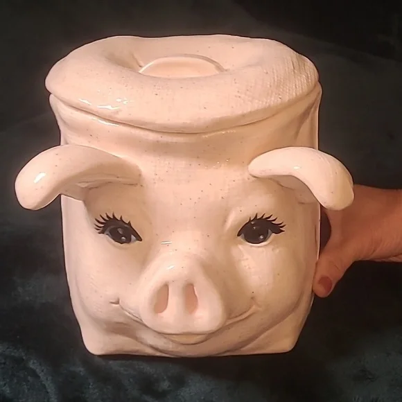 Vintage Pink Ceramic Pig cookie jar two pieces