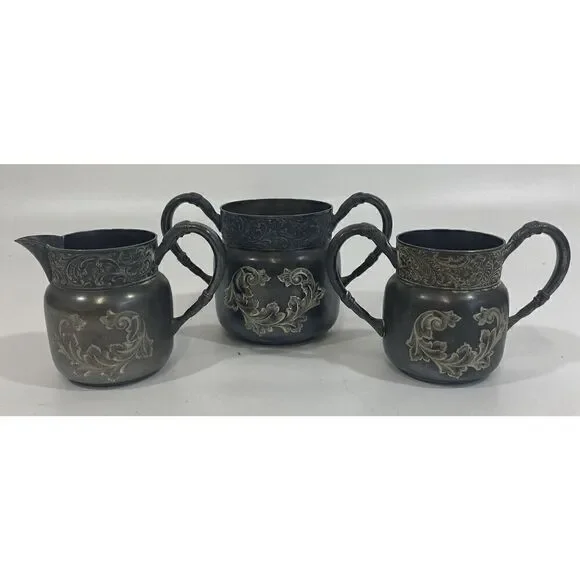 Antique Connecticut Silver Co Triple Silver Plate Etched 1920 Sugar‎ Creamer Set